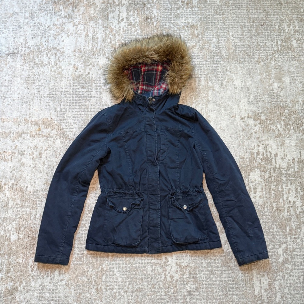 Y2K Hollister Faux Fur Utility Parka with Quilted Plaid and Faux Fur Hood